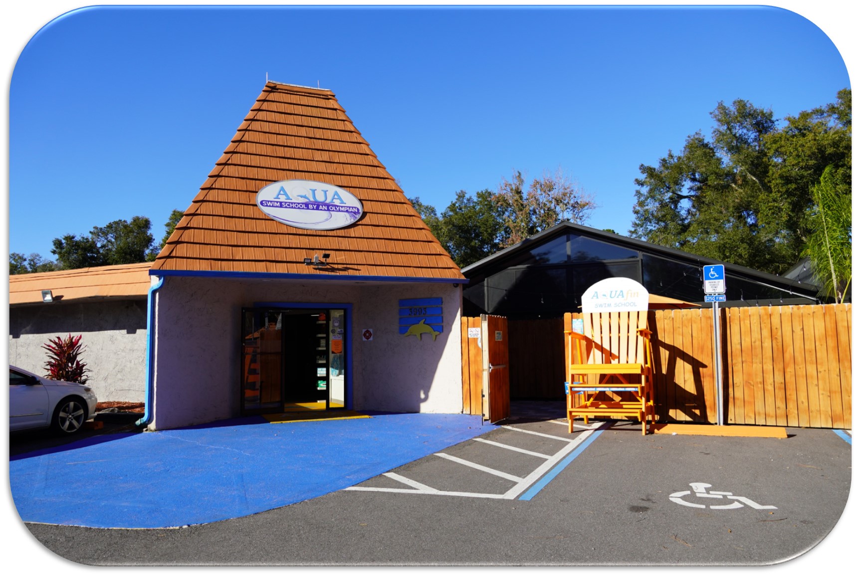 A building with a wooden roof and blue asphalt.